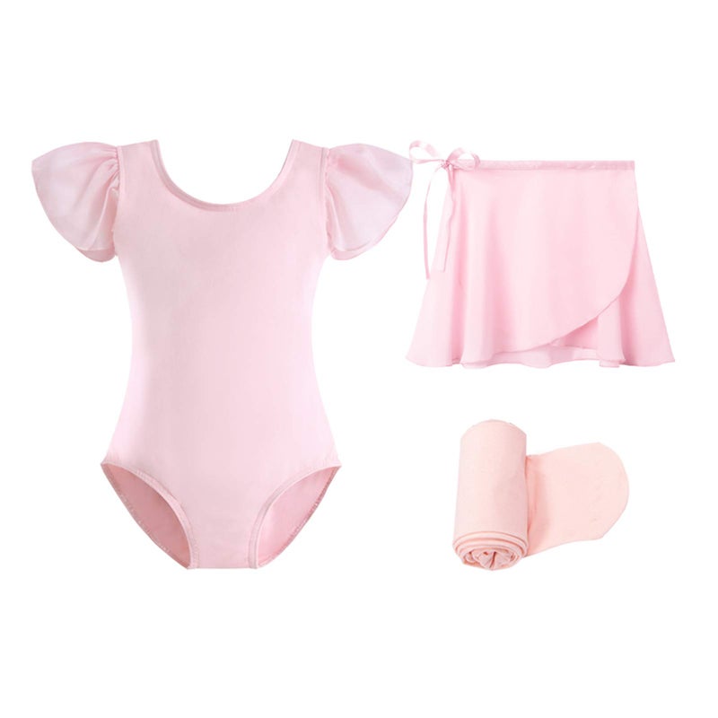 Stelle Girls Short Sleeve Dance Active Dress Ballet Leotard Combo with Dance Skirt and Dance Tight (Ballet Pink (Ruffle Sleeve), 110, 6 Years) - Image 1